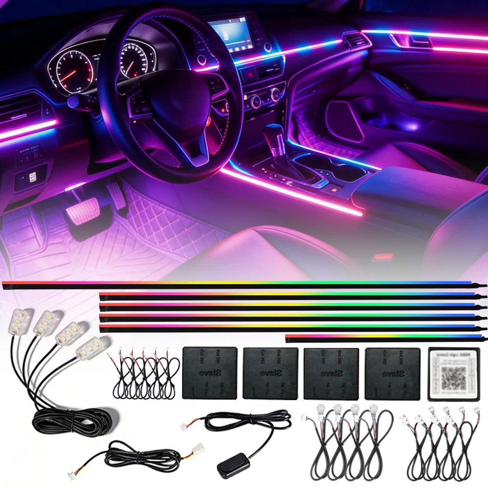 

18 in 1 Symphony LED Car Ambient Lights RGB 64 Colors Interior Rainbow Acrylic Strip Neon Atmosphere Lighting Kit App Dual Zone