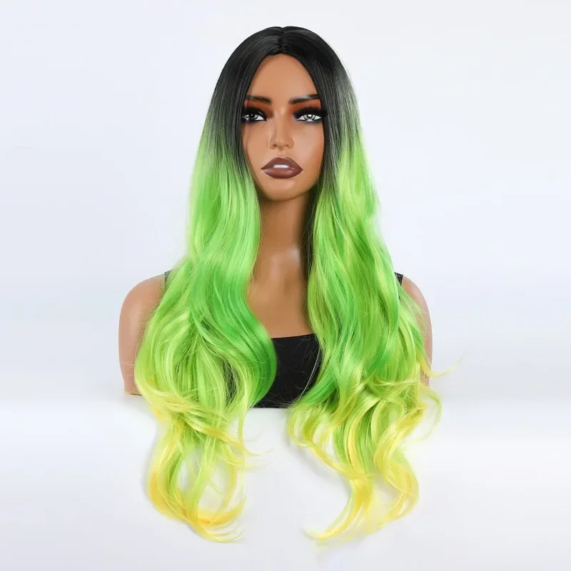 

Hot-selling wig, medium dyeing black gradual change green yellow long curly hair, wig headgear fashion temperament