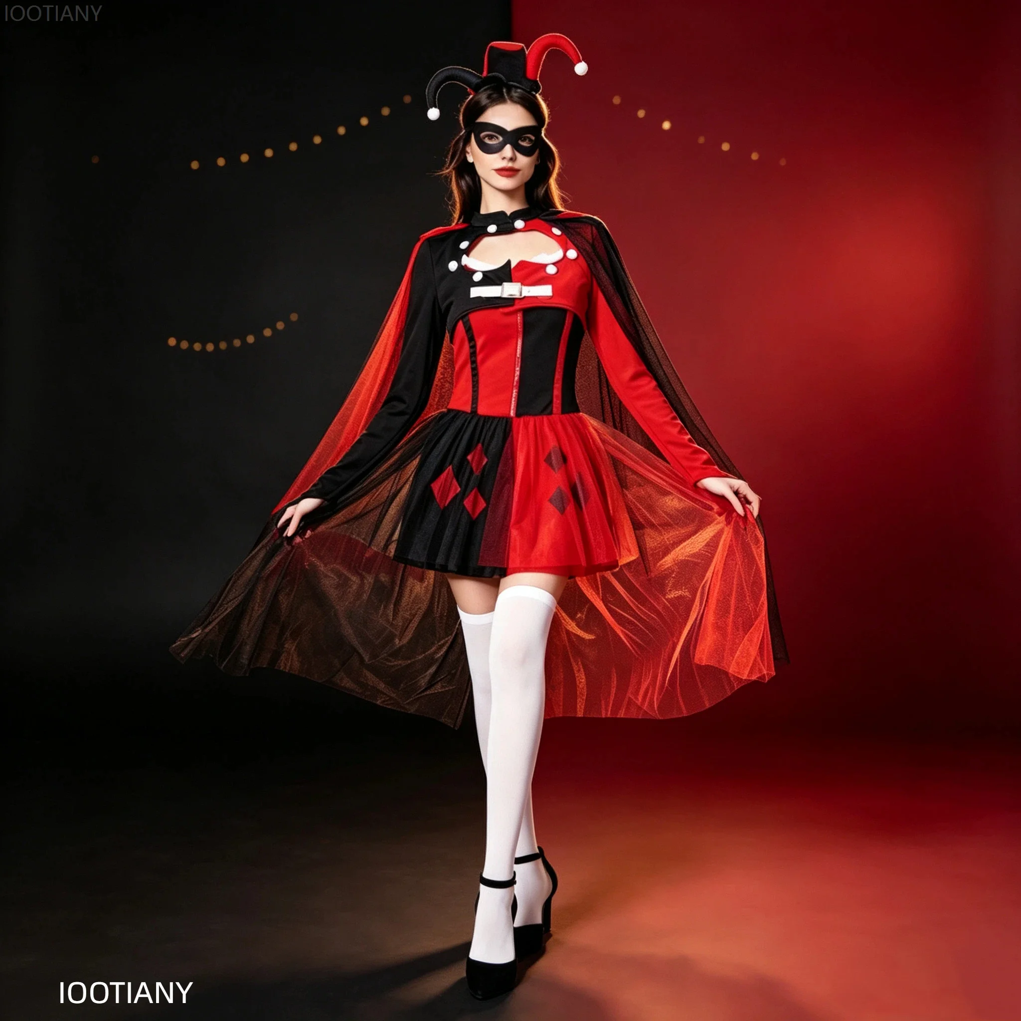 Women Red Black Jester Clown Costume Set Diamond Pattern Dress With Jester Headband Halloween Carnival Cosplay Fancy Dress 2026