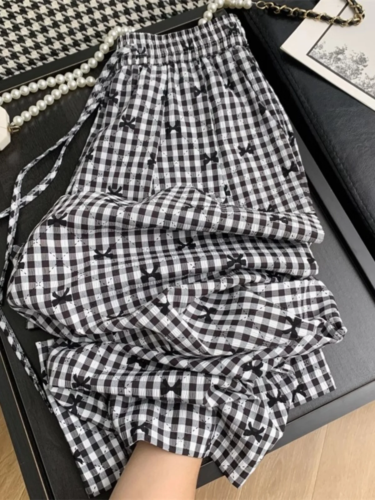

Summer New Design Wide Leg Pants Women's High Waist Long Trousers Knot Plaid Straight Floor-Length Korean Style