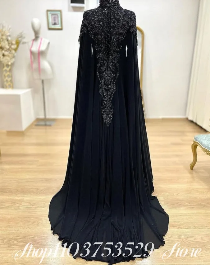 Personalizado de luxo frisado bordado vestido de noite alta pescoço manga longa muçulmano vestido de baile formal ocasião vestido de noite glamouroso