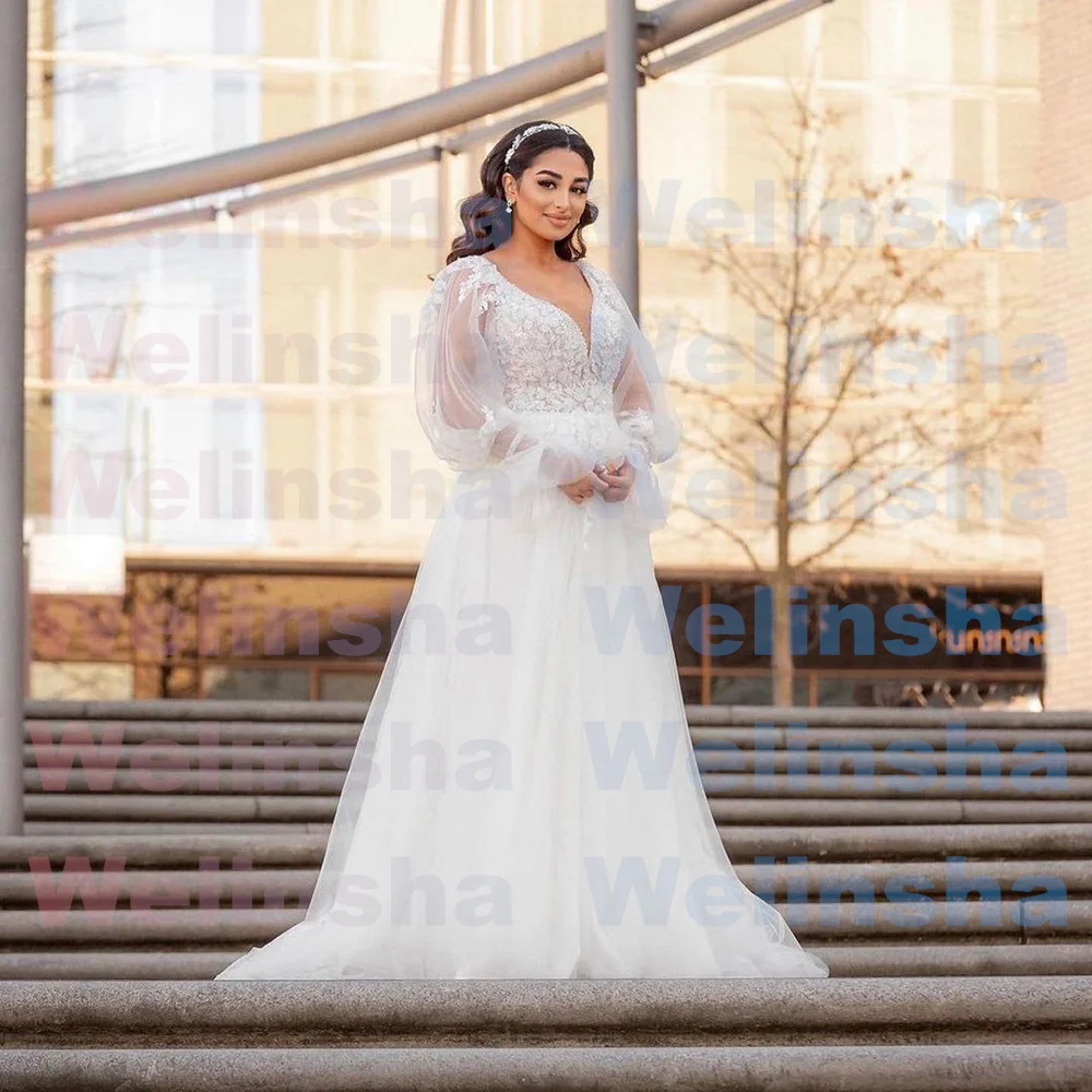 Vestido De novia árabe saudita, mangas abullonadas, cuello en V, apliques De cuentas, Vestido De novia De línea A, diseño personalizado