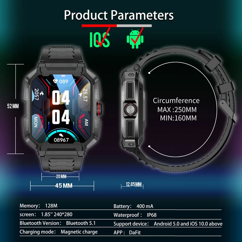 Montre connectée pour Xiaomi et android Ios, bracelet électronique robuste, style militaire, étanche Ip68, appels Bluetooth, 2023 pouces, Fitness,