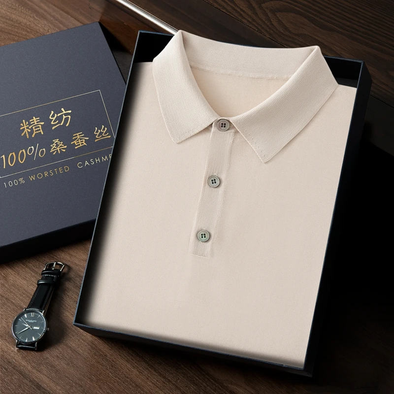 High-end 100%Mulberry Silk Short Sleeve T-Shirt Men's Lapel Silk Business Casual Vest 2026 Summer Thin POLO Shirt Knitwear Tops
