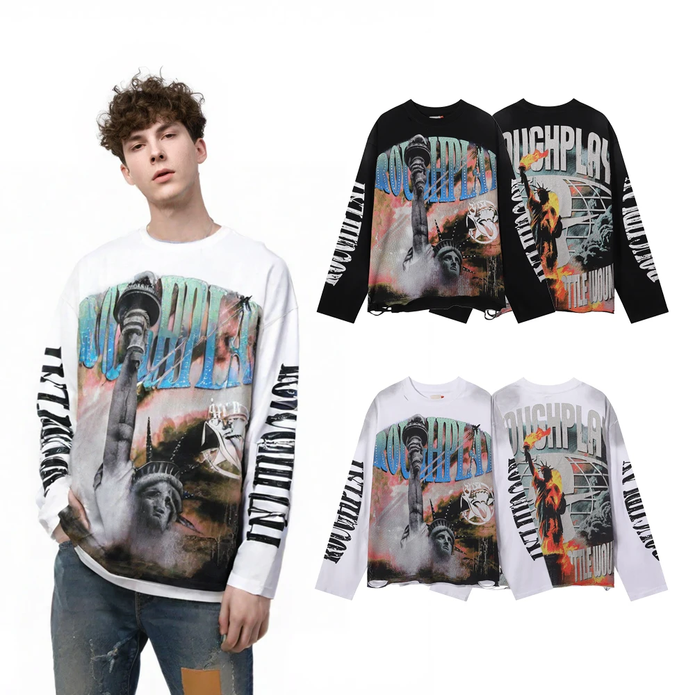 

Summer Clothing Men's Streetwear Graphic T Shirts Hiphop Street Style Casual Cotton Distressed Ripped Oversized Long Sleeve Tees