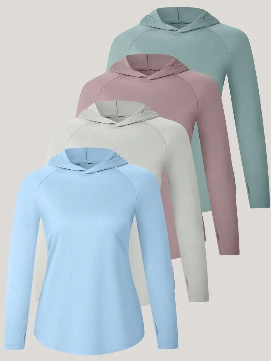 

4 Pieces Of Women's Sun Protection Hoodies, Hooded UV Resistant Long Sleeved T-Shirts, Quick Drying Lightweight Sun Protection Hoodies, Breathable And Elastic Hiking Shirts, Long Sleeved Running And Outdoor Exercise Shirts
