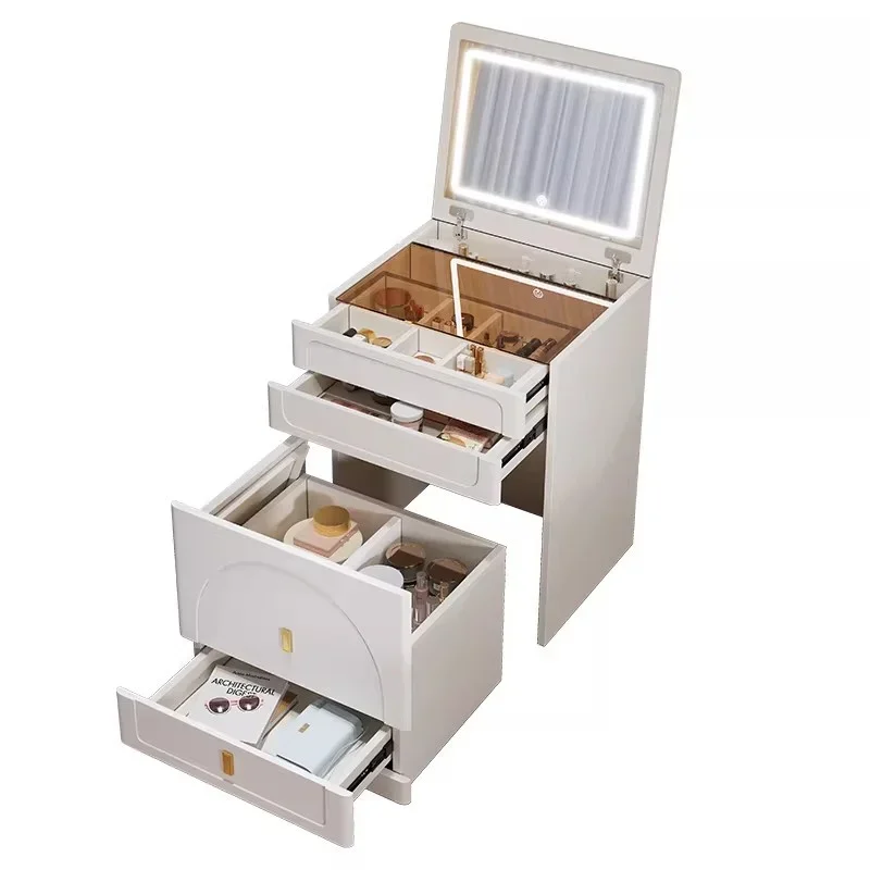e*-Modern Minimalist Small Makeup Vanity Table with LED Mirror Bedroom Solid Wood Flip Top Dressing Nightstand Integrated Z^