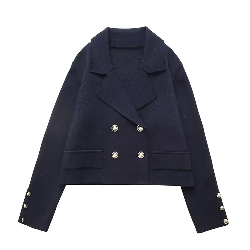 

Women Fashion Gold Button Crop Coats Vintage Lapel Collar Long Sleeve Female Outerwear Autumn Winter Ladies Commute Coat