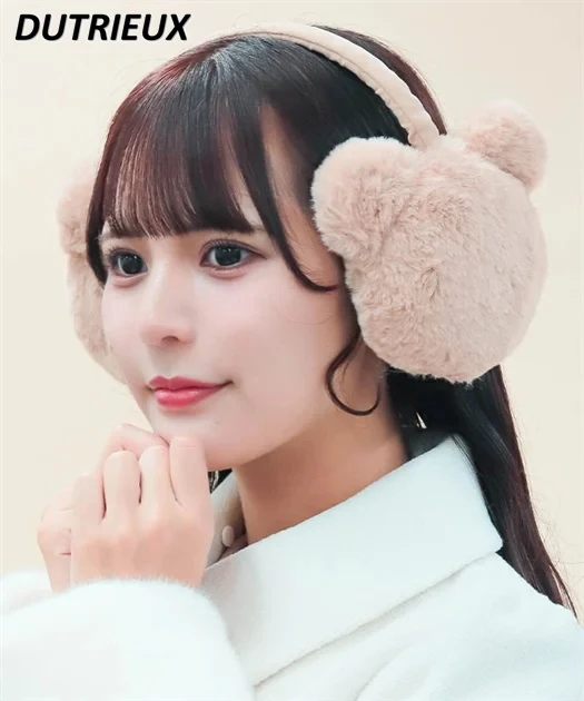 Japanese Sweet and Cute Girl Furry Earmuffs kawaii solid color Versatile Bow Scarf Winter New Warm Accessories Gloves