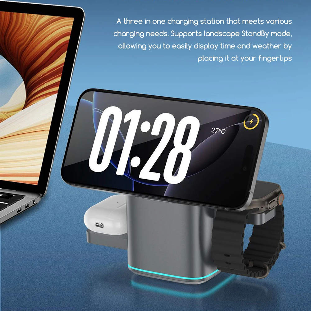 Auto Rotation 3 In 1 Charging Stand Multi-Purpose Sturdy Phones Charger For Phone Watch Earphone