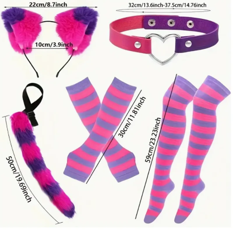 Set costume da gatto di Halloween con coda soffice, collare, fascia per capelli, guanti e calzini a righe - Poliestere e spandex, festa a tema animali