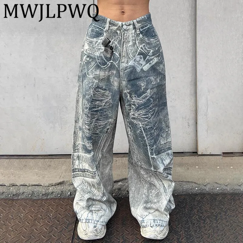 

MWJLPWQ Men's Street Niched 3D Digital Printed Jeans Washed Distress Fashion Casual Baggy Wide-Leg Pants 2025 Autumn 12472