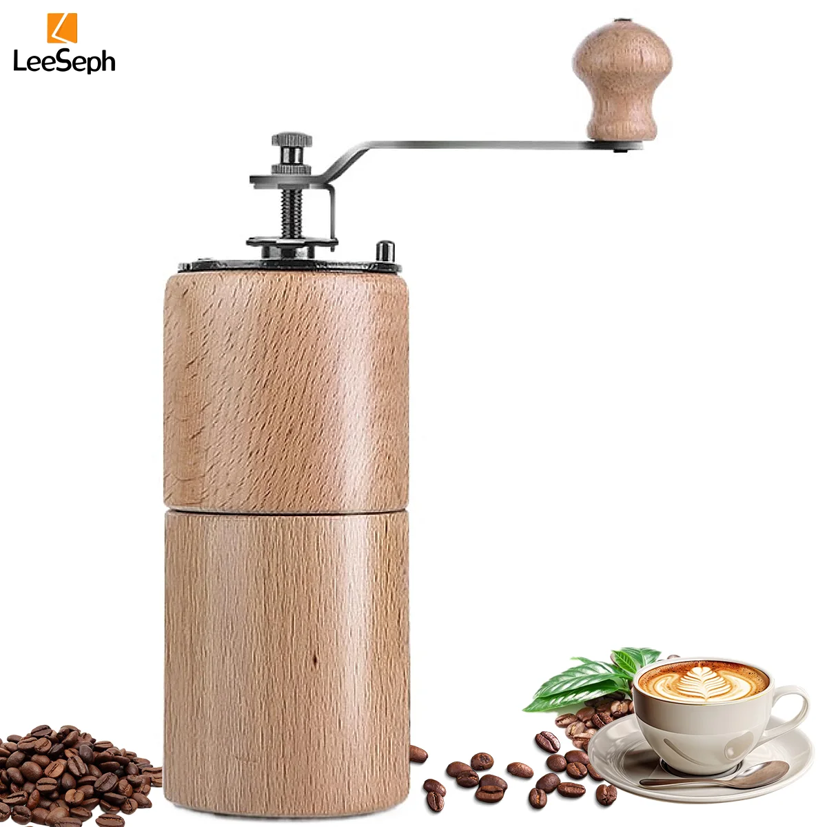 Manual Wooden Coffee Grinder, Coffee Bean Mill with Carbon Steel Burr, Adjustable Coarseness, for Home Office Camping Trip