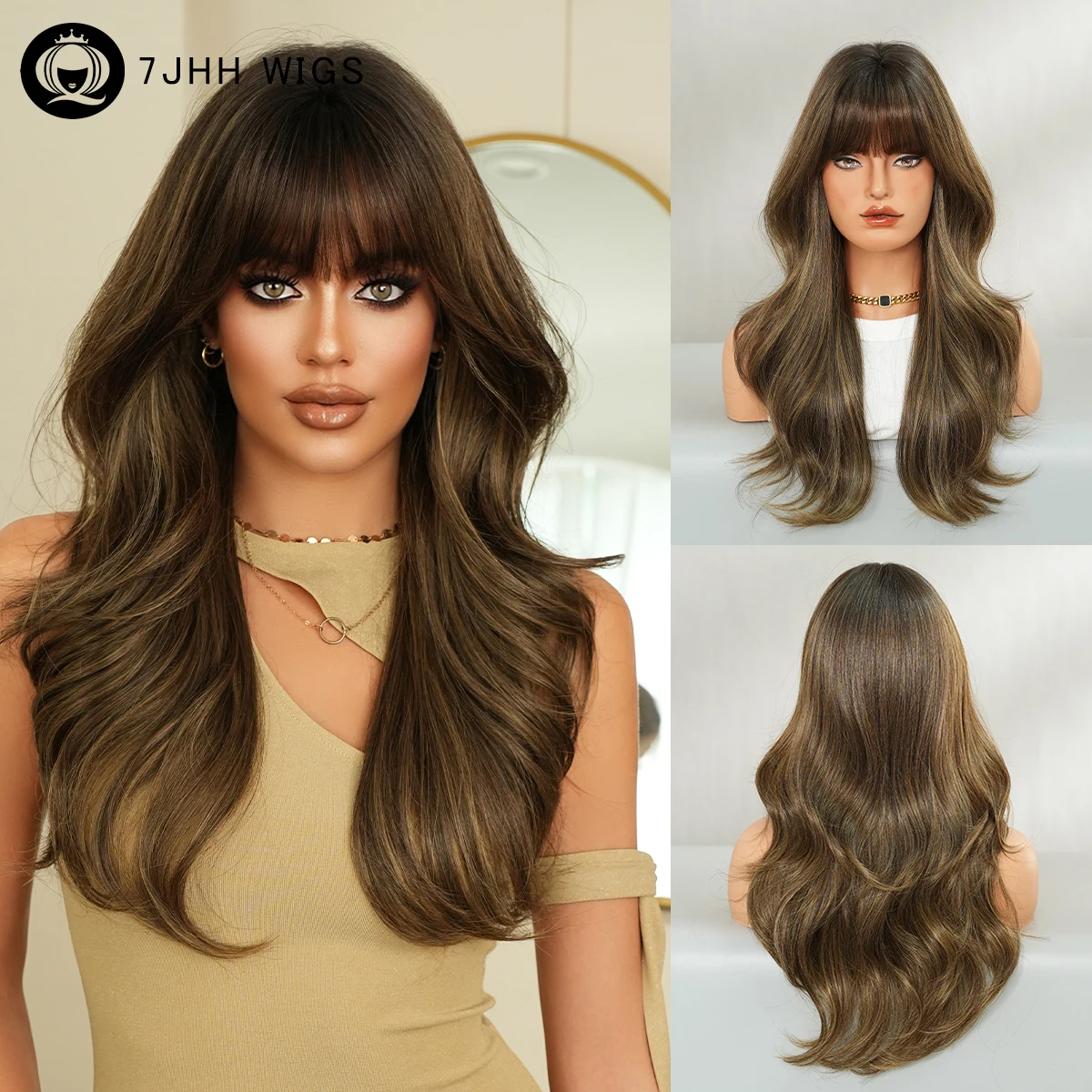 7JHH WIGS Lange, glatte, coole braune Perücke für Damen, hochdichte synthetische, geschichtete, modische Perücke zum sofortigen Tragen mit dunklen Ansätzen