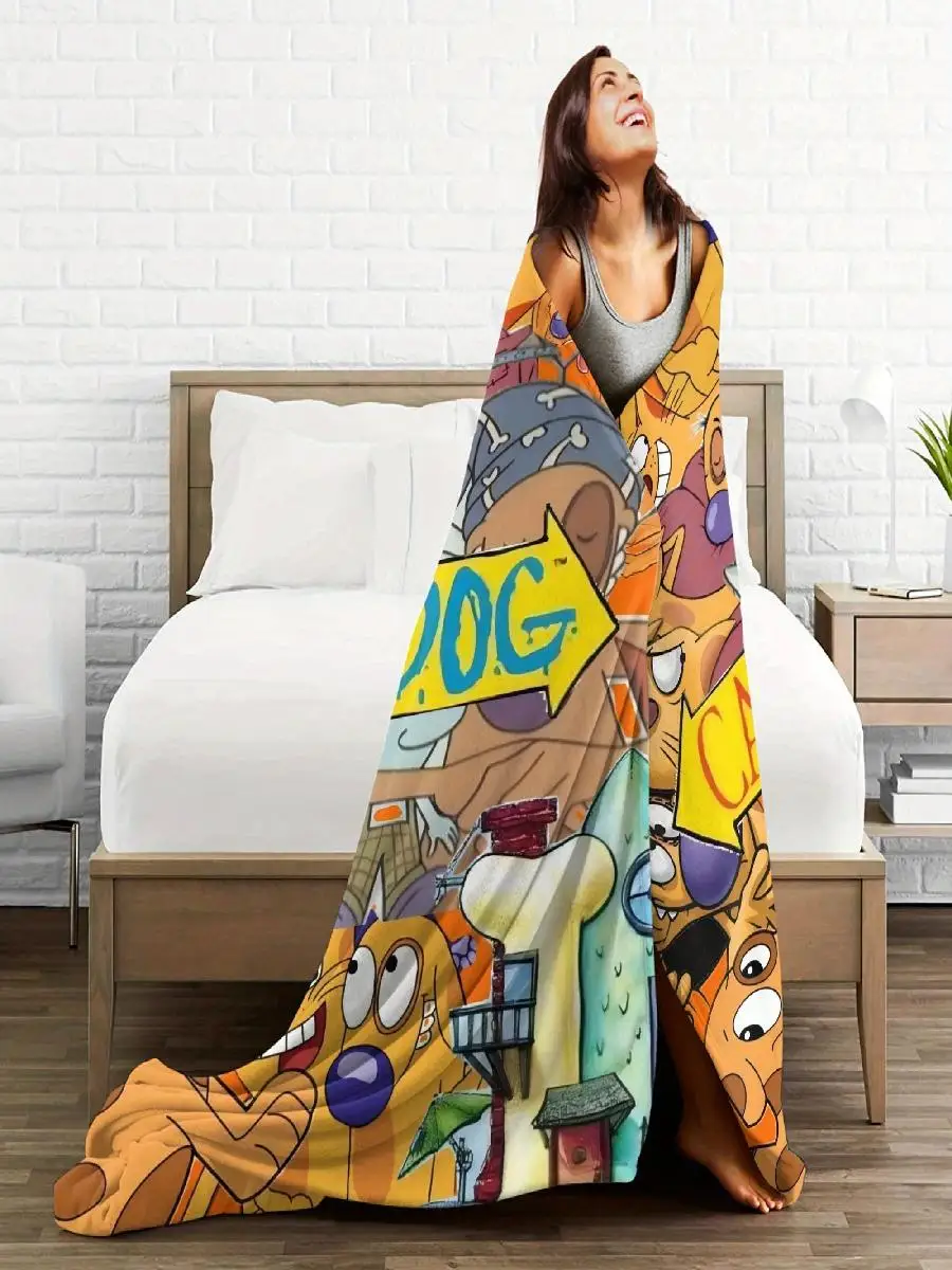 Cozy CatDog Fleece Throw Blanket  Soft Warm Vibrant Cartoon Design with Iconic Characters  Ideal for Sofa Bed Office