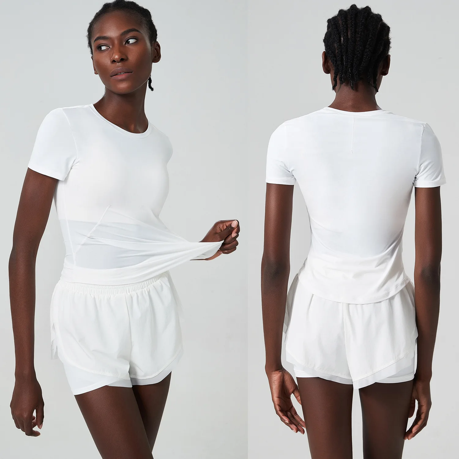 طقم يوجا للياقة البدنية للسيدات مكون من قطعتين ملابس رياضية صيفية قصيرة بلون سادة قابلة للتنفس سريعة الجفاف بدلة جري خارجية ملابس رياضية #4