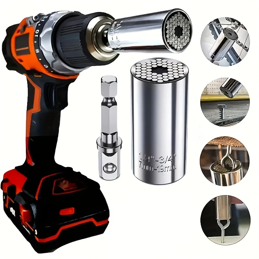 

Multifunctional 7 to 19mm Extension Rod Electric Hand Drill Silvery Torque Magic Socket Multi Purpose Wrench Screw Tool Set