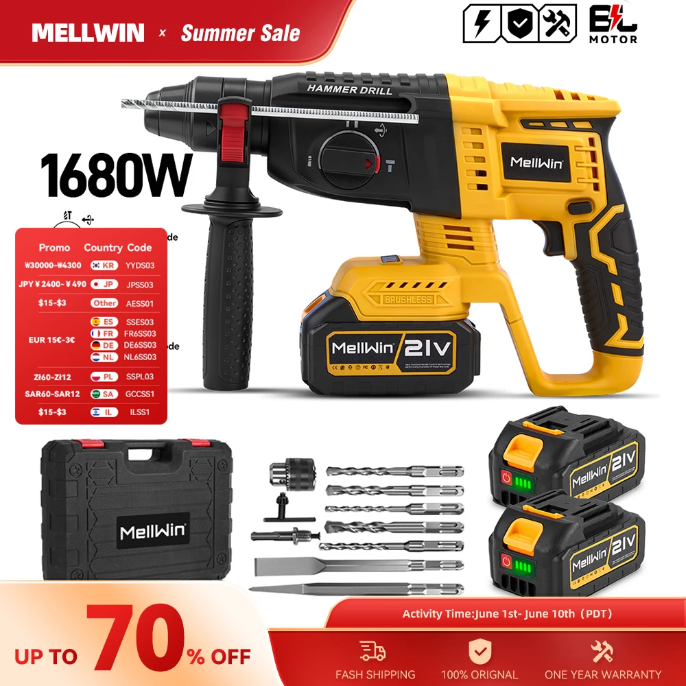 MELLWIN 3 en 1 marteau électrique sans brosse marteau à percussion multifonction pour acier béton bois pour Makita 18V batterie broche