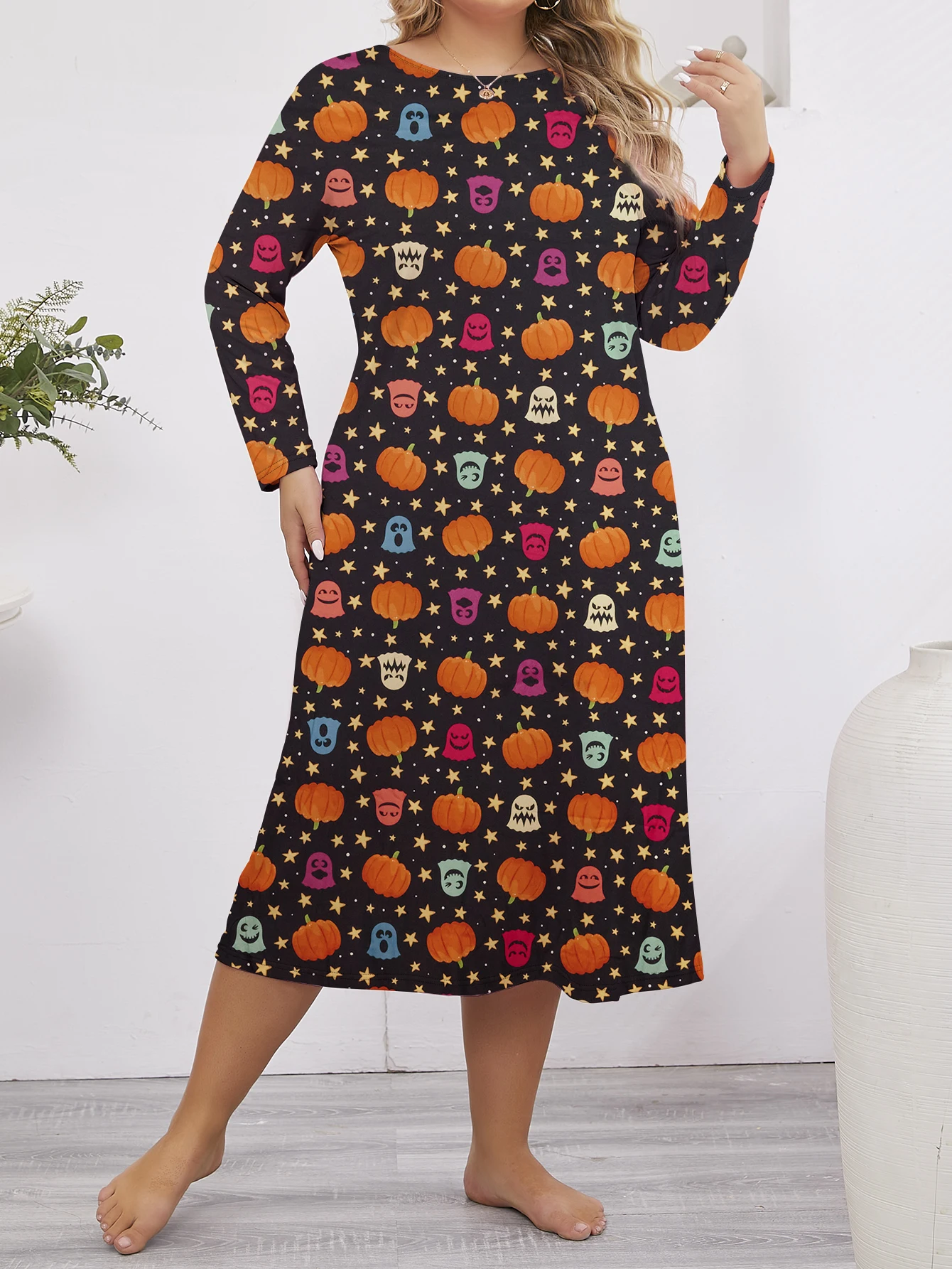 Autumn and Winter Halloween Pumpkin Printed Long Sleeve Comfortable Round Neck Long Sleep Skirt Large Casual Women\'s Pajamas