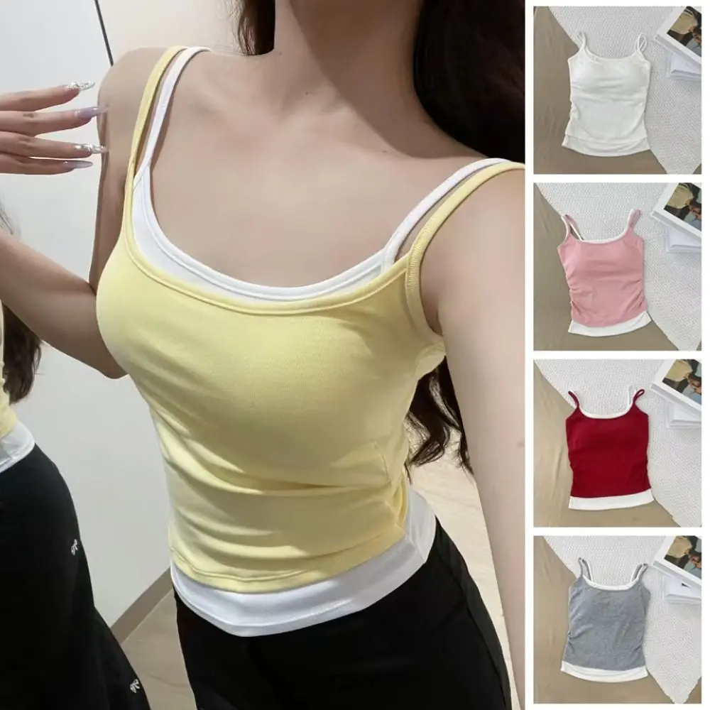 

Fashion Patchwork Fake Two Pieces Camisole Vest Slim Fit Sweet Girl's Tank Top Korean Style Undershirt Slim Crop Top Lady Girl