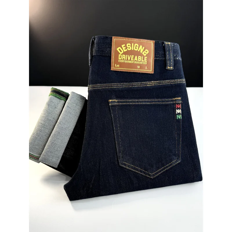 

High quality blue jeans for men, slim fit, small feet, elastic, deep blue denim, simple pants, autumn men's clothing