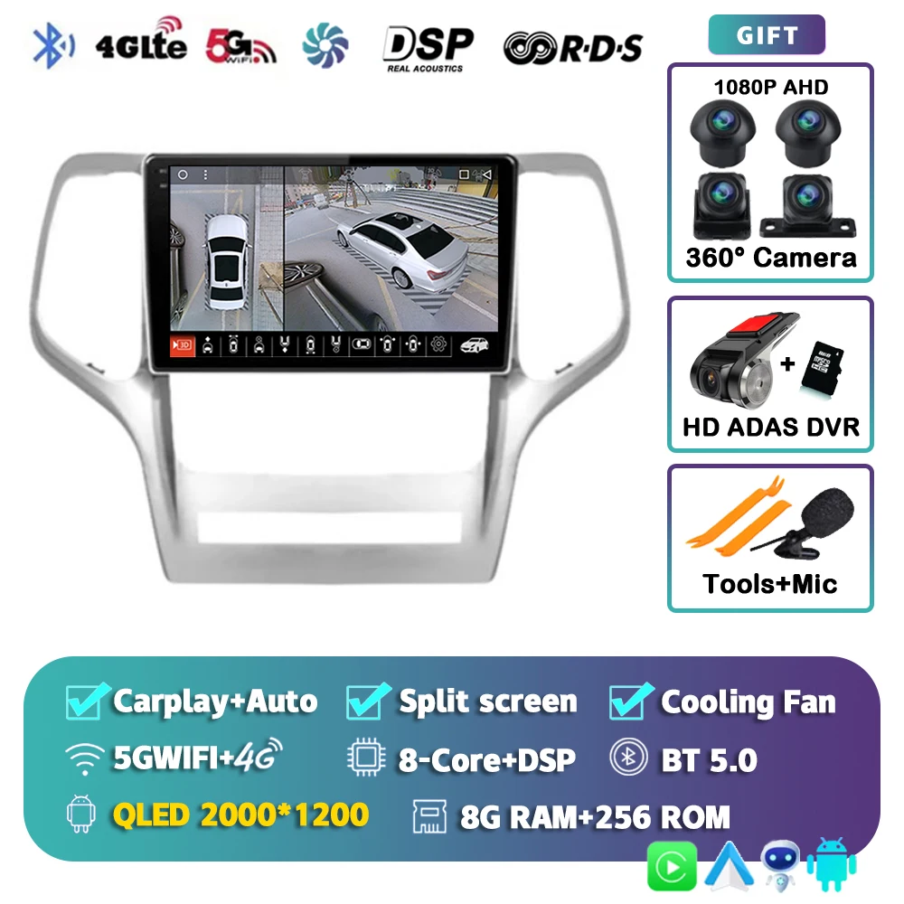 Android 15 voor Jeep Grand Cherokee 2008 2009 2010 2011 2012 2013 QLED scherm autoradio multimediasysteem Carplay Auto navigatie