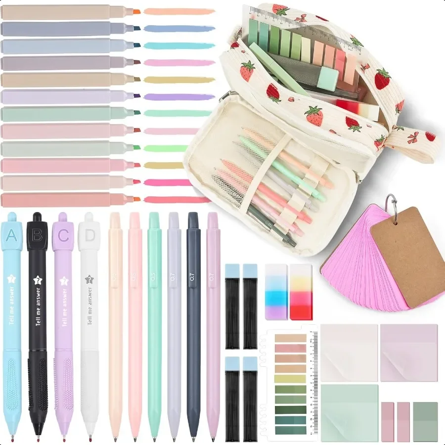 37 قطعة من طيات المدرسة الجمالية مع مقلمة سروال قصير فسفورية ملاحظات لاصقة أقلام جل بطاقة كلمة فارغة أقلام رصاص ميكانيكية 0.5