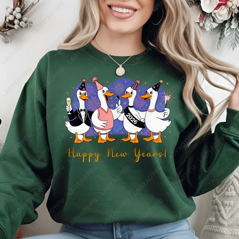 Feliz ano novo ganso moletom véspera de ano novo 2026 festa engraçado dos desenhos animados inverno pulôver champanhe bonito festival gráfico hoodie