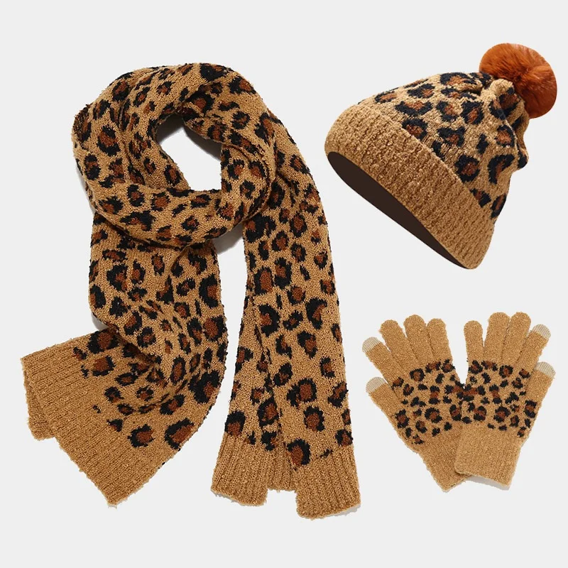 

Knitted Hat And Scarf 3 Piece Set Women Leopard Print For Thickened Winter Snowflake Warm Hat Gloves Scarf Set