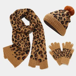 Conjunto de cachecol e chapéu tricotado de 3 peças para mulheres, estampa leopardo, floco de neve espesso, luvas quentes, inverno