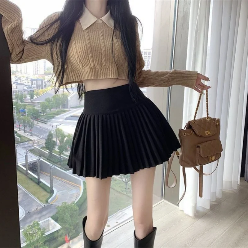 กระโปรงพลีทเอวสูงทรงเอ สไตล์เกาหลี สำหรับผู้หญิง กระโปรงสั้นสีพื้น เซ็กซี่ เหมาะกับฤดูร้อน สไตล์นักเรียน