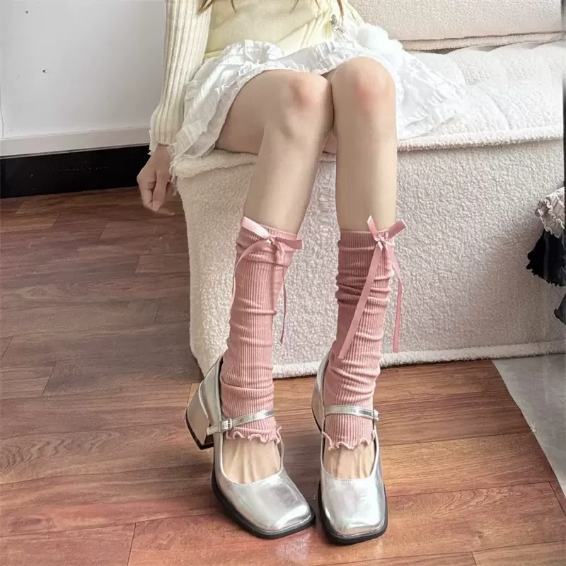 Calentadores de piernas para niñas, bonitos calcetines con volantes de Lolita Kawaii, calcetines largos de Color sólido estilo Ballet para mujeres, calentadores de piernas para mujeres