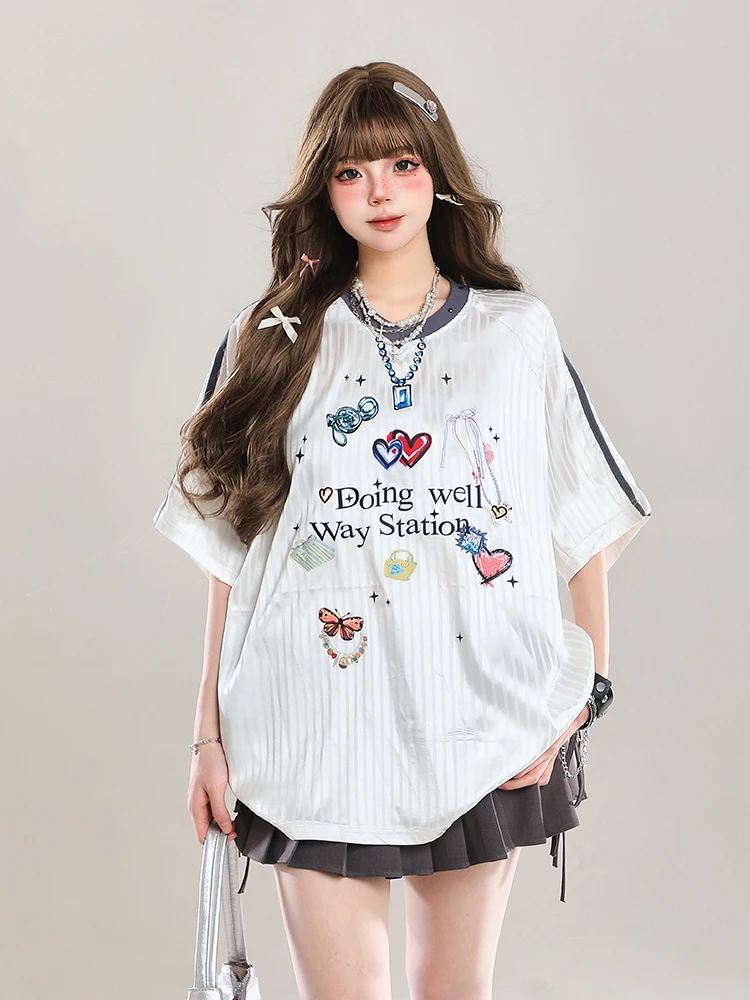 American Chic Sweet Spicy Print V-Neck Short Sleeve T-Shirt Women Summer Jersey Loose Casual Sport Half Sleeve round Neck