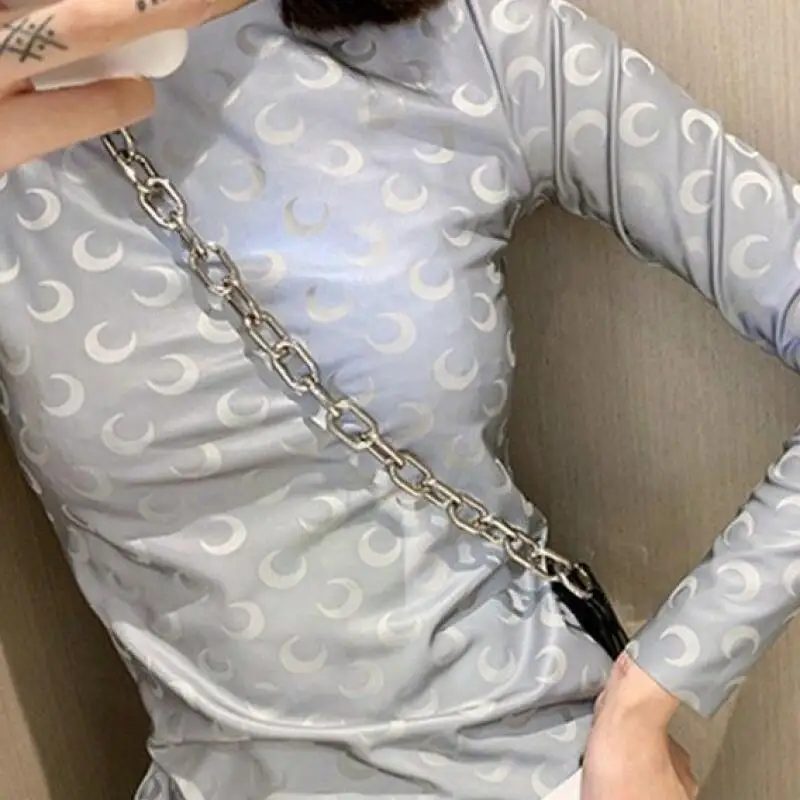 

Tight Fitting T-Shirt Women American Casual Moon Print Round Neck Ice Silk Reflective Fluorescent Long Sleeve Versatile Tops