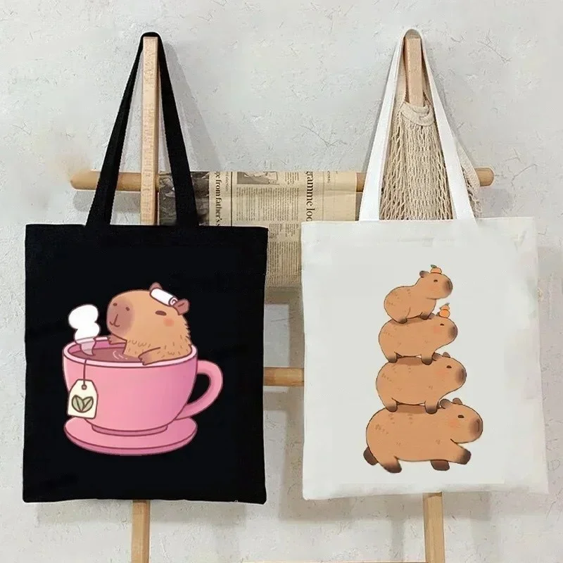 

Eco-Friendly Black Canvas Tote Bag Foldable Reusable Shoulder Bag for Women Girl Large Capacity Letter Print Shopping Bag