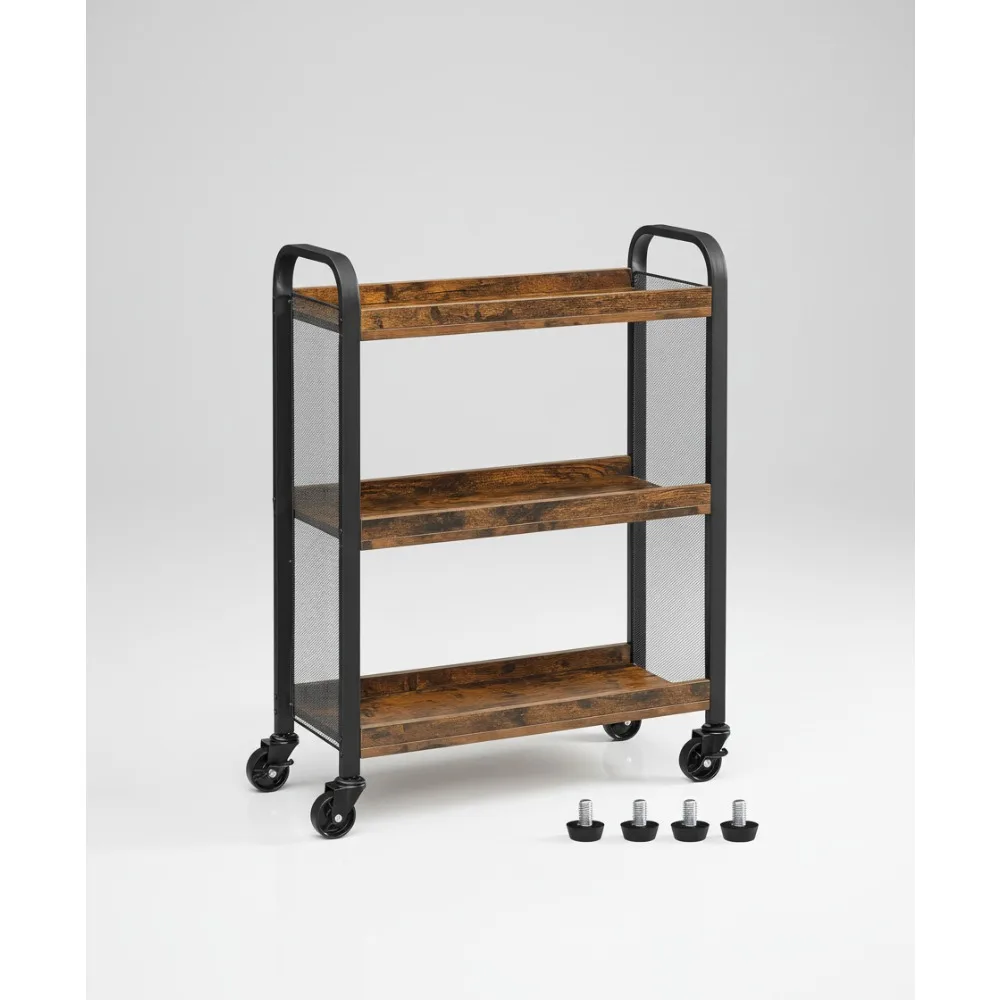 3-Tier Slim Rolling Storage Cart with Wheels, Steel Frame Kitchen Laundry Room Organizer, Industrial Style Brown Black
