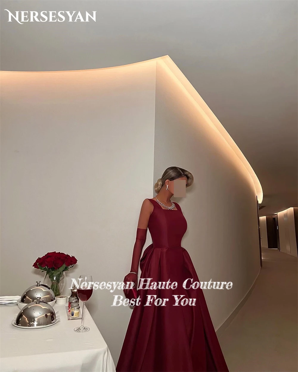 Nersesyan Elegant Burgundy Evevning Dresses robes de soirée A-Line Sauqre Collar Backless With Big Bow Party Gowns For Wedding