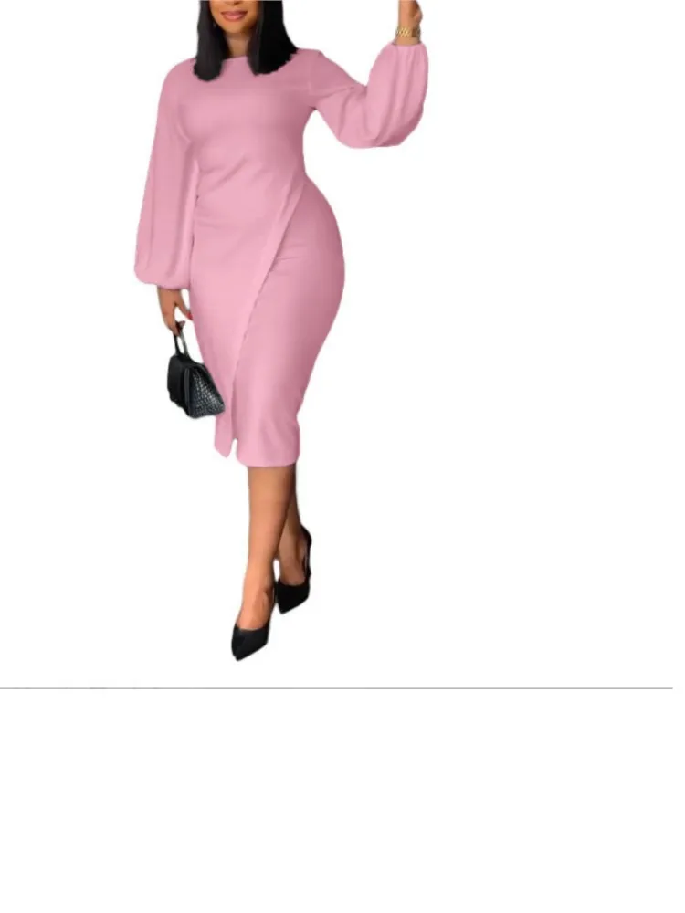 

Spring Summer Women Lantern Sleeve Dress Side Lantern Long Sleeve Temperamen Personality Office Knee Length Bodycon Slit Outfits