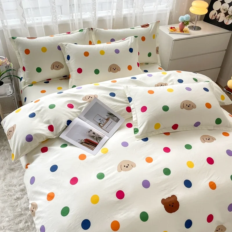 Colorful Polka Dot Cotton Duvet Cover Set with Zipper Cute Bear Bedding Sets for Men & Women, Luxury Reversible Comforter Covers