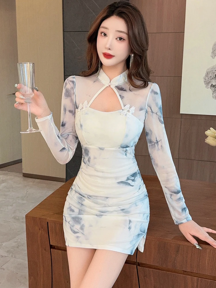 가을 겨울 핑크 플로럴 메쉬 패치워크 시스루 섹시 미니 드레스 여성 우아한 캐주얼 휴가 드레스 2025 한국 바디콘 프롬 드레스