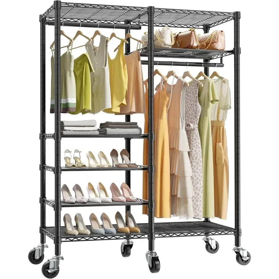 Rolling Clothing Rack, Garment Rack with Movable Wheels
