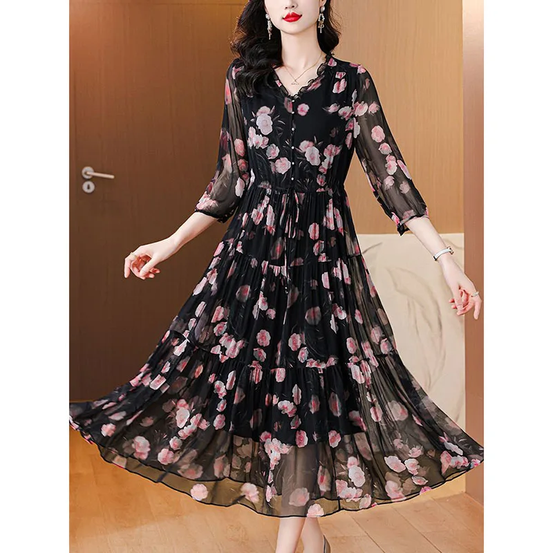 Elegant Dress Mesh Long Sleeved Floral Silk Chiffon A-Line Dress For Women's Autumn New Long French Dress For Mothers Print Dres