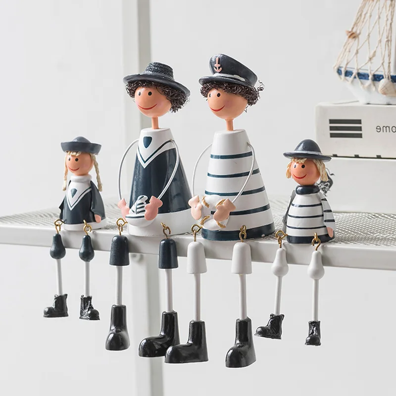 Mediterranean Style Navy Family Doll Wooden Resin Standing and Seating figurines Handicraft Blue White Home Decoration Kids Toys