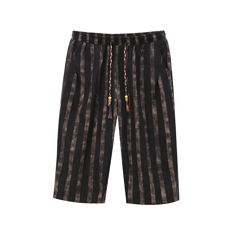 Trend Fashion Versatile Summer New Men\'s Elastic Waist Drawstring Striped Printing Chinese Style Loose Knee Lengt Board Shorts