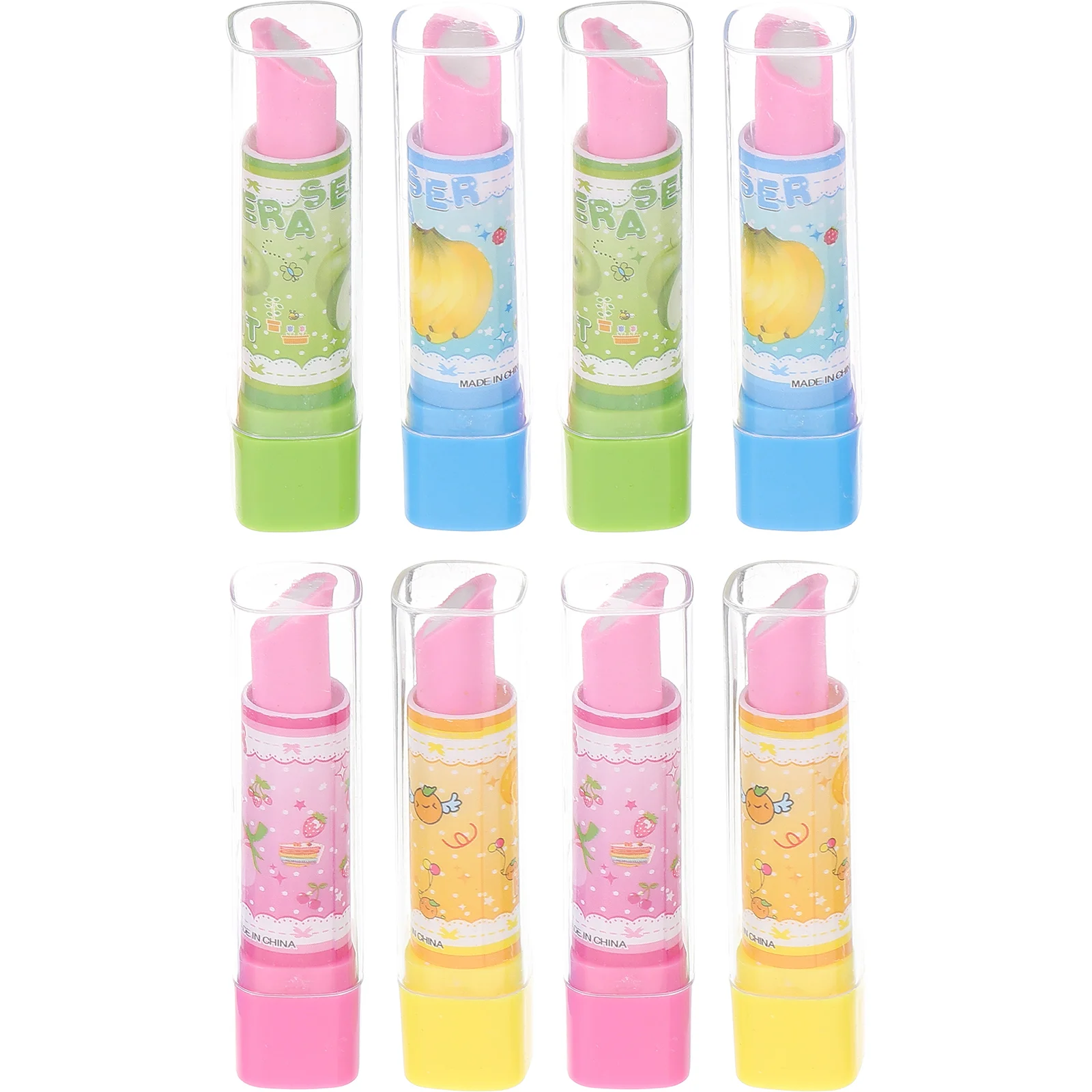 Goma de borrar con forma de lápiz labial, papelería creativa, patrón de frutas, regalo creativo para niños y estudiantes (color), 8 Uds.