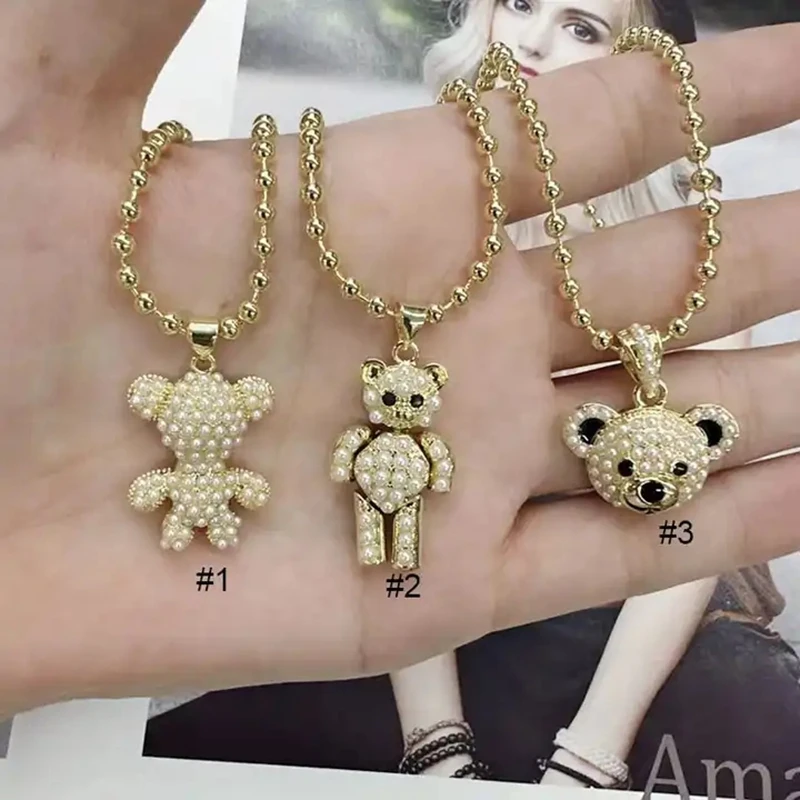 

5Pcs Popular Korean 18k gold plated brass shell pearl bear charm Pendant Necklaces chic Women Bead Chain Jewelry