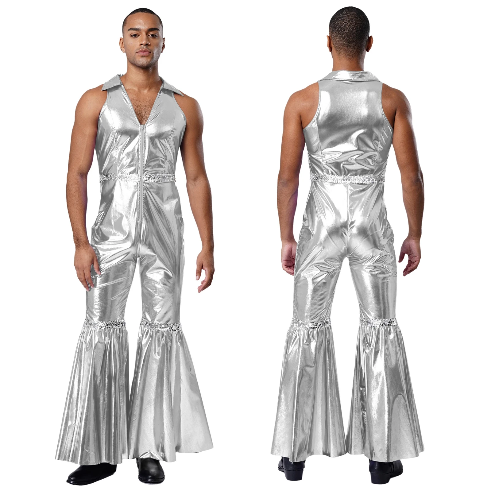 Männer Mode Shiny 70er Jahre Disco Walzer Ballroom Dance Strampler Holographische Overall für Retro Party Jazz Dance Performance Uniformen
