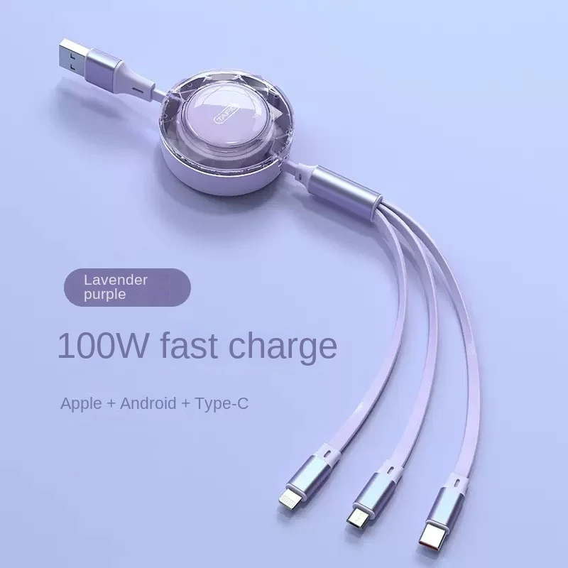 3 in 1 Charger 66W 100W Fast Charging Portable Telescopic Design Data Cable 3 Head Charger for Apple iPone Car Charging Cable