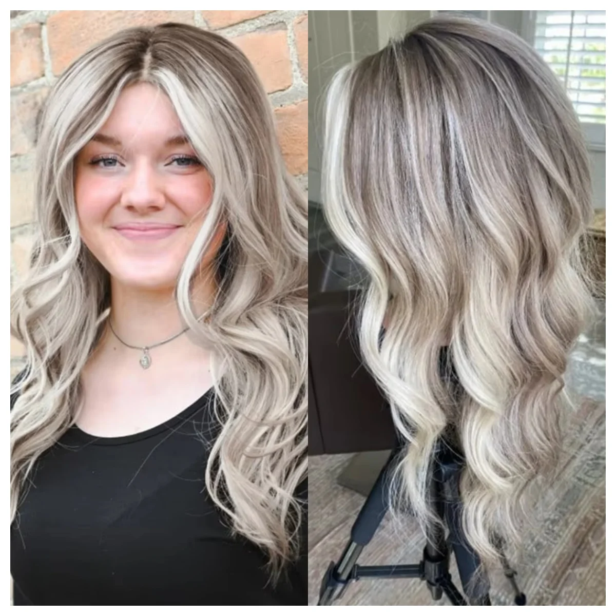 

Long Layered Champagne Dark Ash Blonde Wig Middle Part Body Wave Synthetic Wig with Money Piece Highlights Dark Root Wig