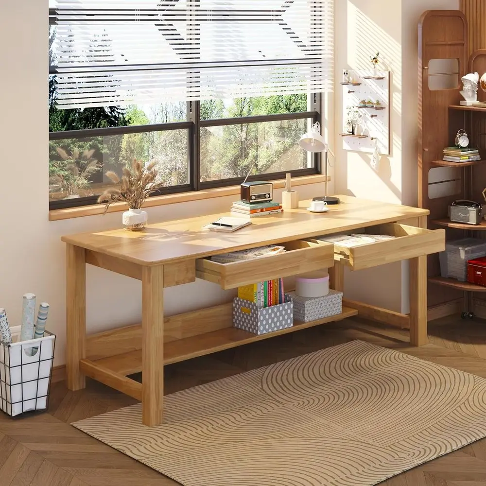 

Natural Wood Extra Long 63 Desk with Storage Shelves and Drawers